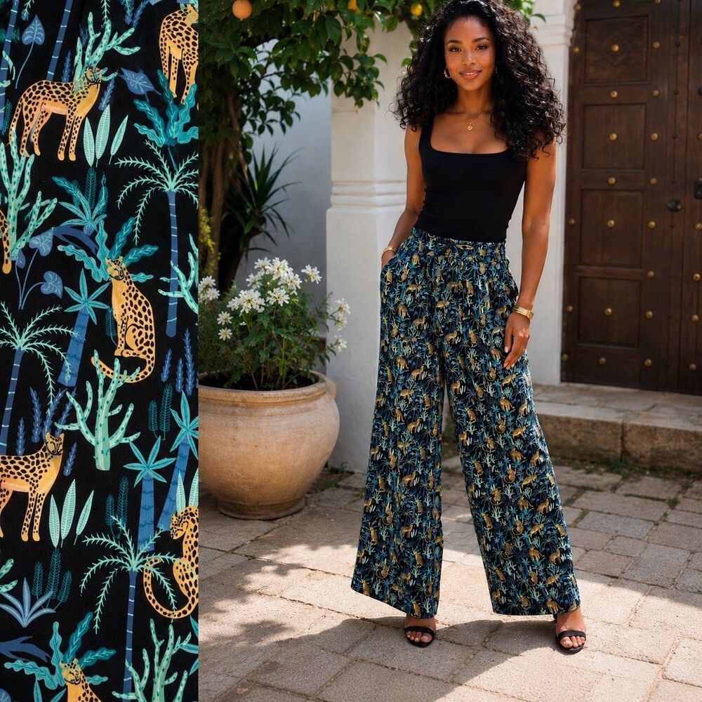 Leopard Silky  Wide LegPants Black Jungle Print Tie Waist Everyday Jane Womens L